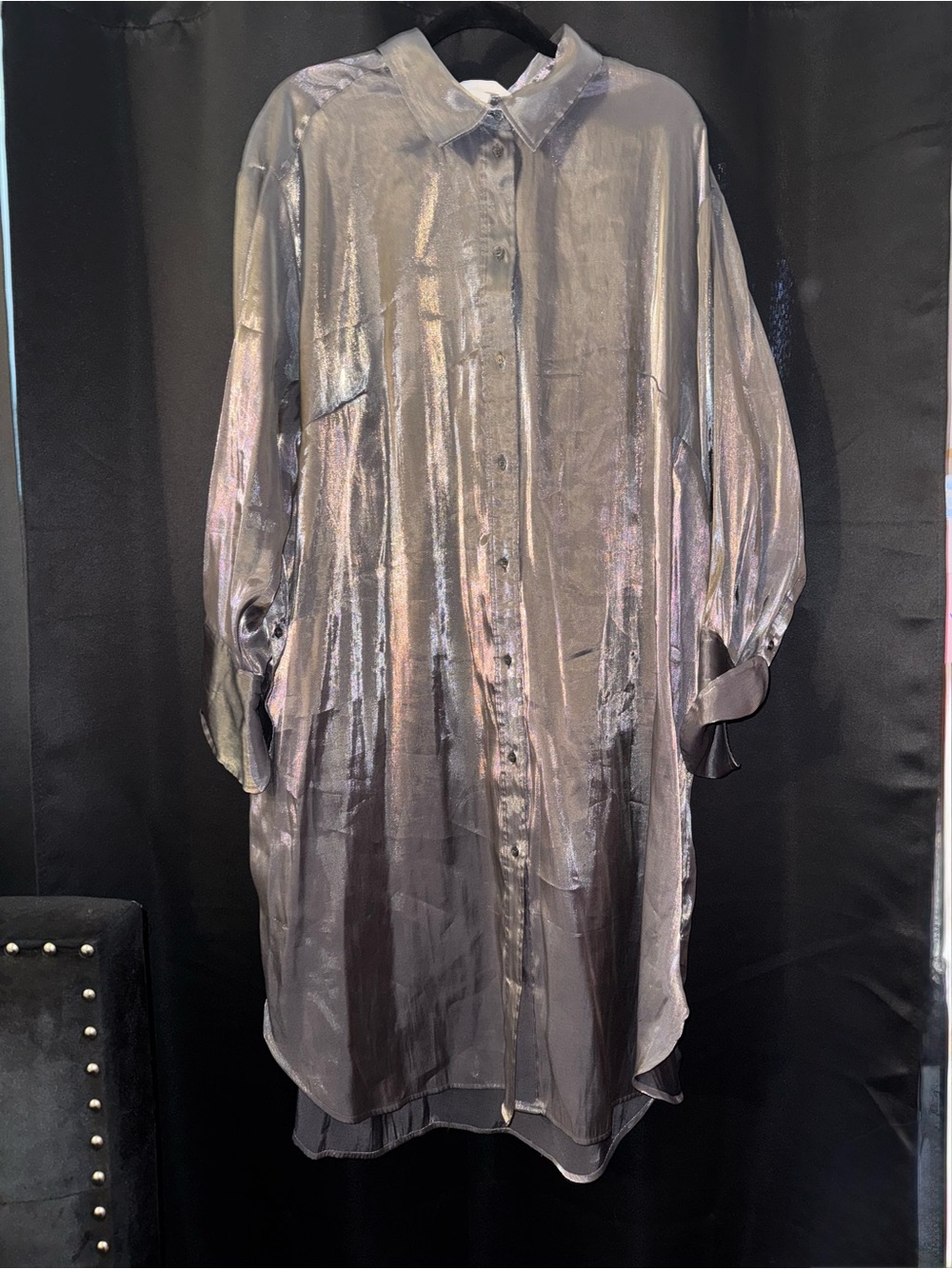 H&M Metallic Satin Longline Button-Up Shirt